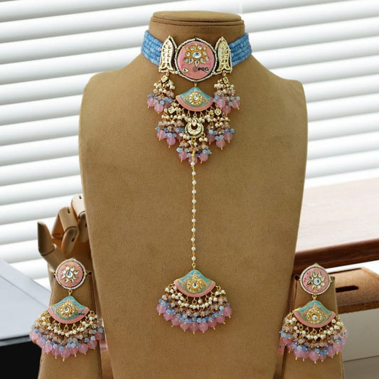 Minakari kundan polki necklace with maang tika